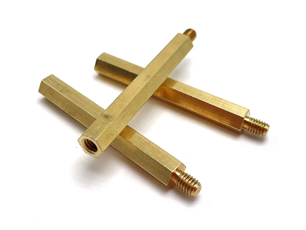 Custom brass hex standoffs with threaded male and female ends